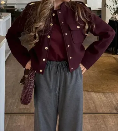 Personalized Stand Collar Single breasted Short Jacket Dark Red - Shop at LoveMi