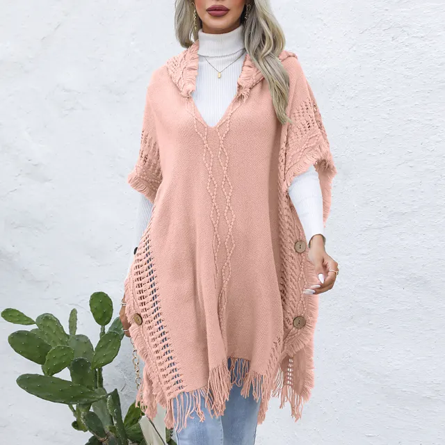 V neck Hooded Pullover Mid length Sweater Pink - Shop at LoveMi