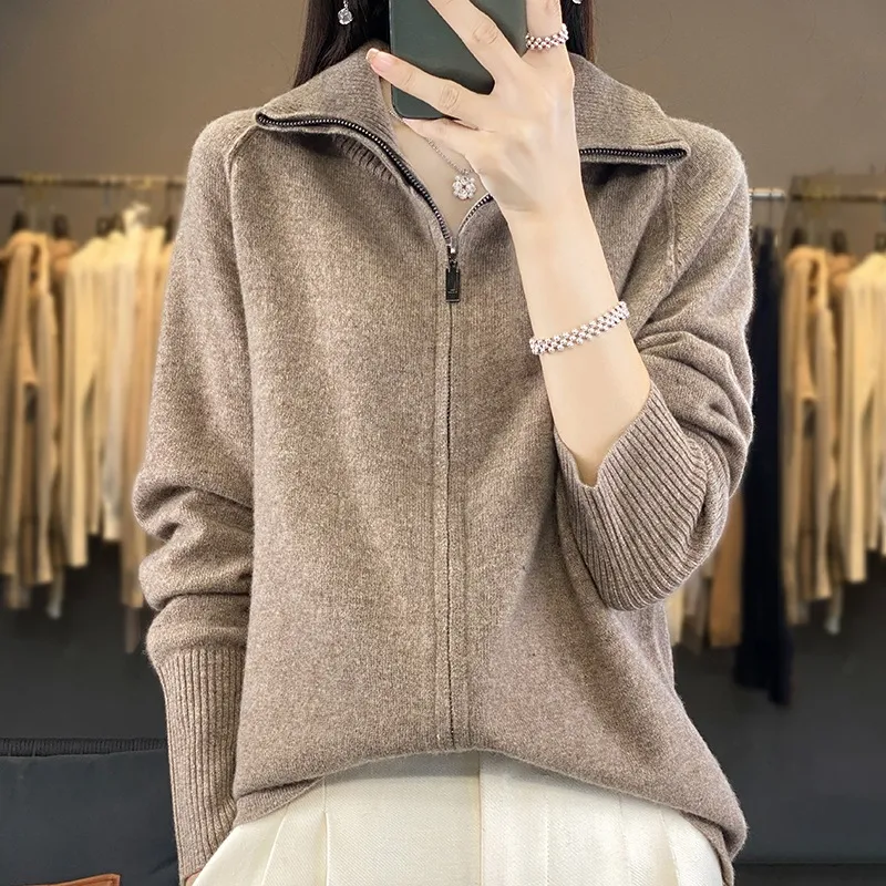 FallWinter New High Neck Wool Knit Cardigan Women - Purple