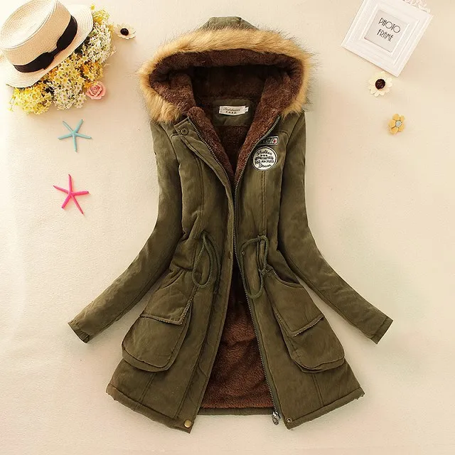 Autumn And Winter New Women's Plus Size Thickened Calibration Long sleeved Hooded Lamb Wool Cotton padded Jacket Army Green - Shop at LoveMi