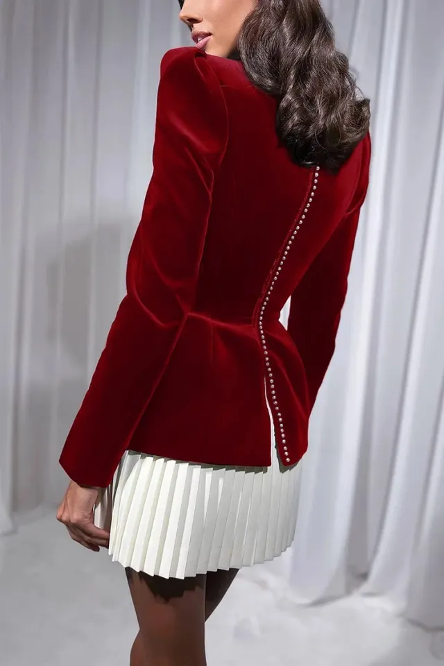 Long sleeve Color blocked Pleated Hem Velvet Mini Skirt Wine Red - Shop at LoveMi