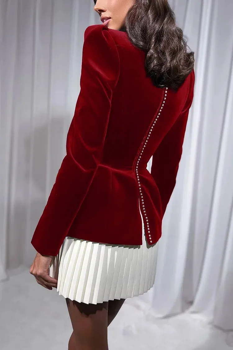Long-sleeve Color-blocked Pleated Hem Velvet Mini Skirt - Wine Red