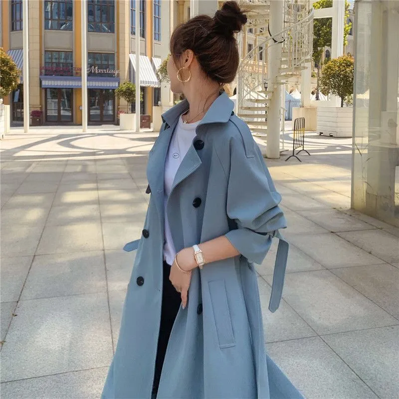 British Style Trench Coat Women's Mid-length Loose Spring And Autumn Temperament Coat - Blue