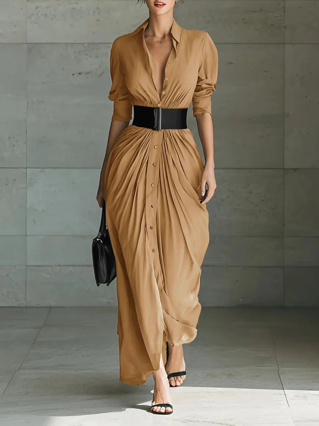 Fashionable Elegant Lapel Breasted Shirt Dress With Belt - Khaki