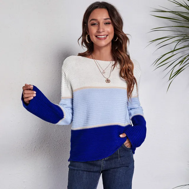 Contrast Color Large Striped Off neck Knitted Sweater Blue - Shop at LoveMi
