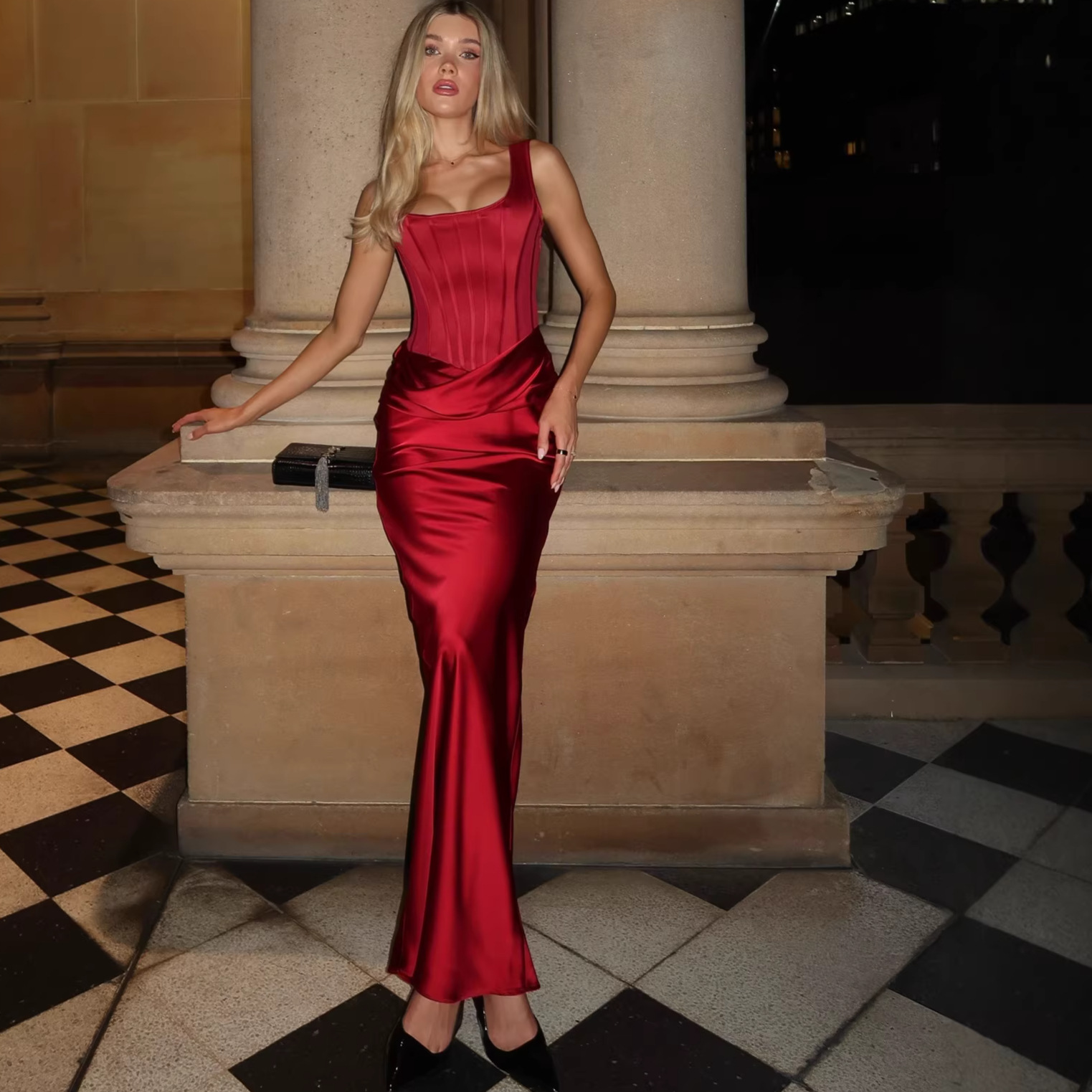 Womens Solid-Color Satin Fishbone-Style Strap Bodycon Pleated Patchwork Dress