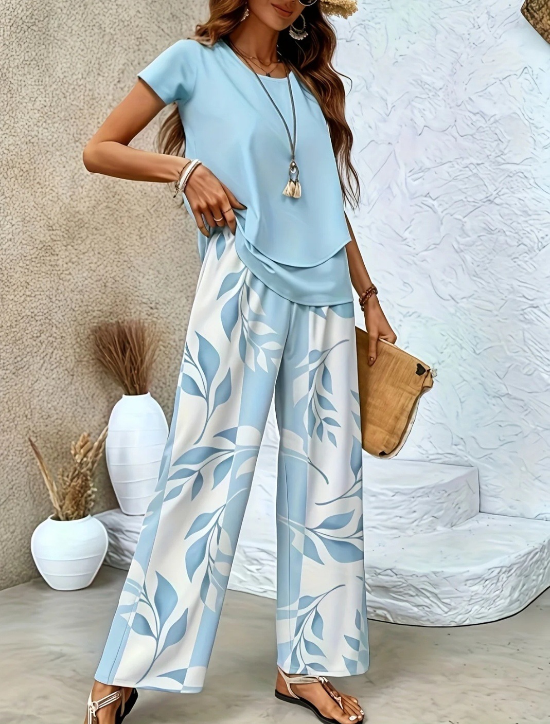 Fashionable Casual Short-sleeve Top And Wide-leg Pants Set