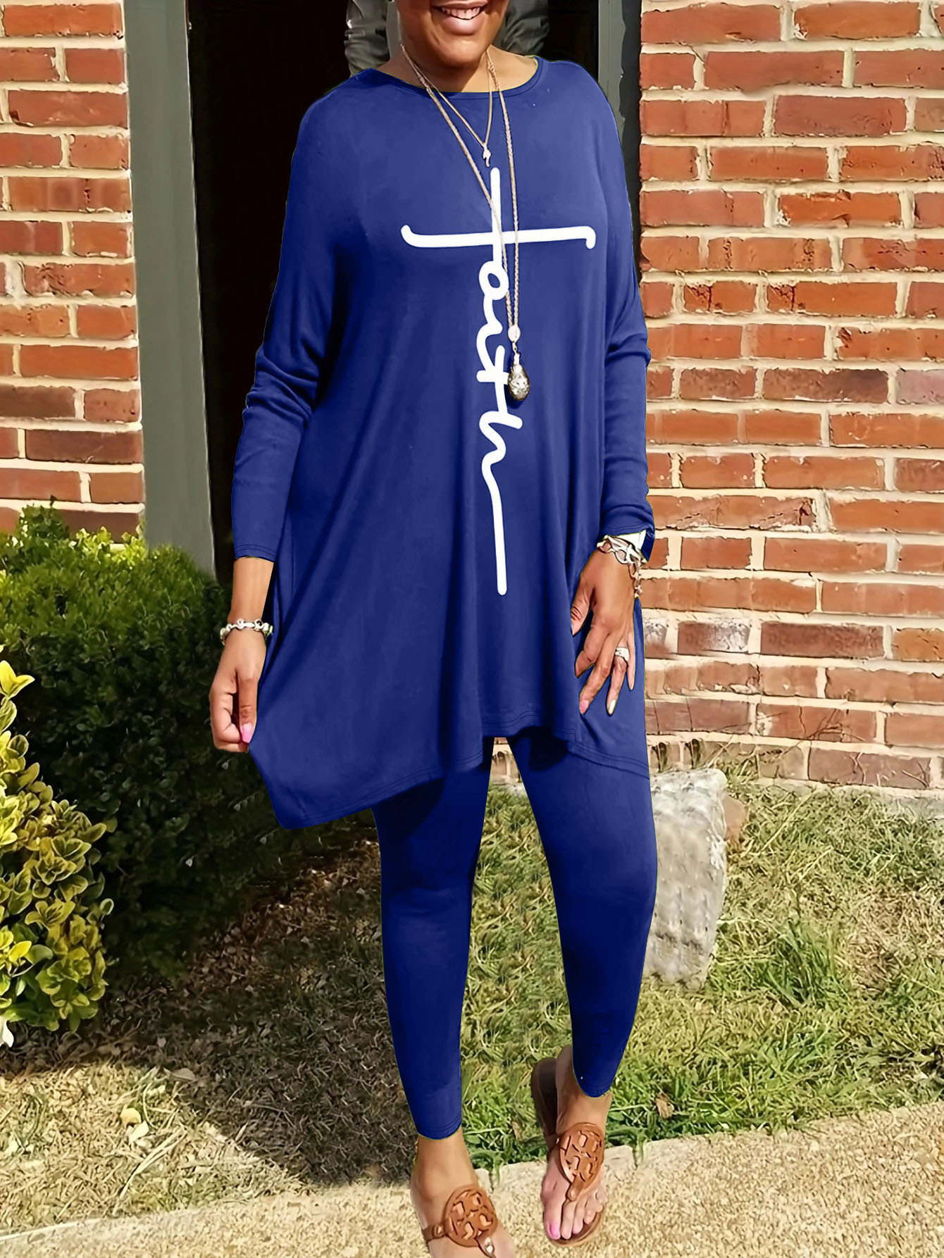 Round Neck Loose Long Sleeves Solid Color Printed Plus Size Women’s Clothing Two-piece Set