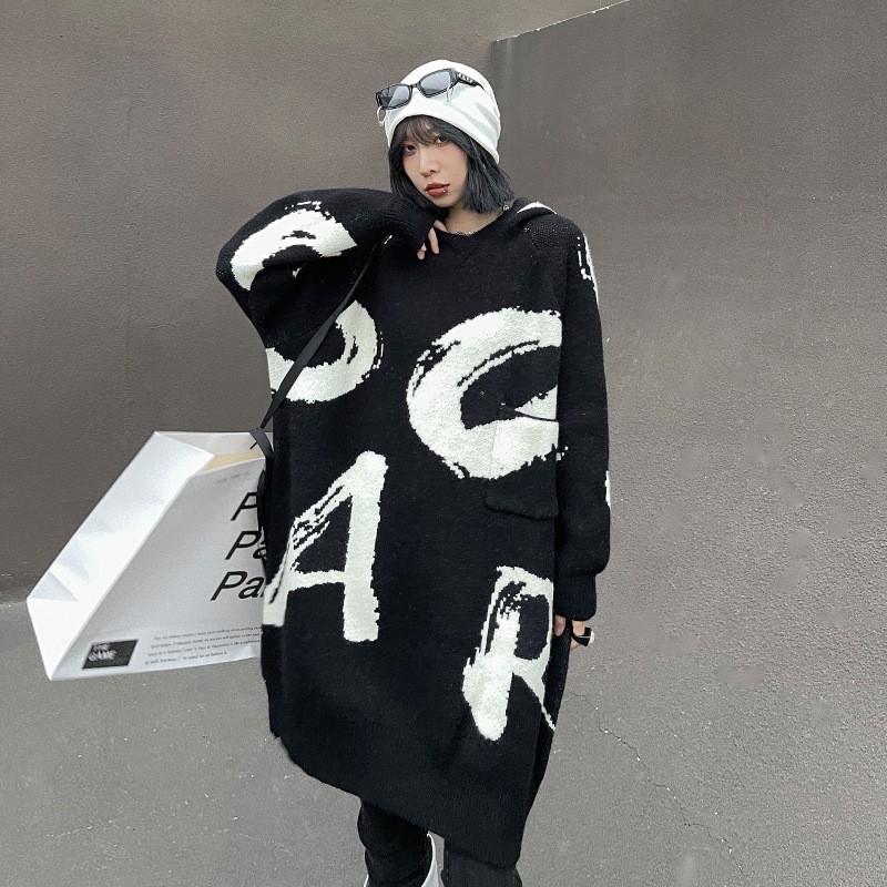 Idle Style Letter Jacquard Thick Hooded Sweater Dress Women's Loose Mid-length Sweater