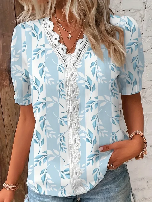 Summer V neck Lace Stitching Printing Shirt For Women Blue Flowers - Shop at LoveMi