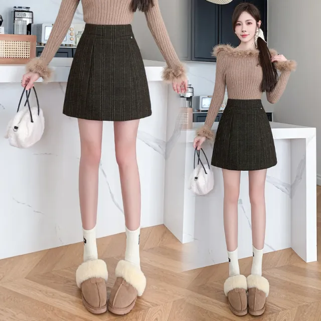 Woolen Skirt Women's Winter New Woolen Line Skirt High Waist Anti exposure Shorts Black - Shop at LoveMi