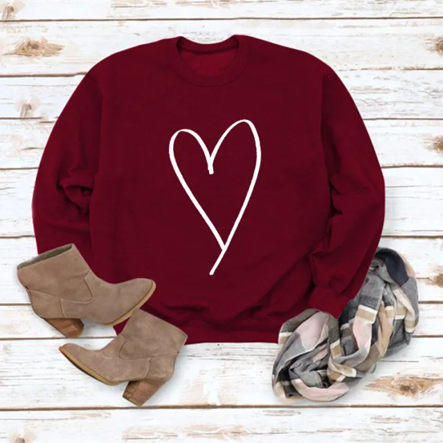 European And American Women's Clothing Top Line Love Valentine's Day Round Neck Casual Long Sleeve Sweatshirt White - Shop at LoveMi