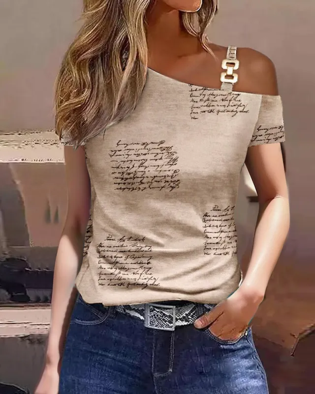 Summer Simplicity Polyester Short Sleeve Khaki Letter - Shop at LoveMi