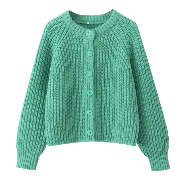 Women's Puff Sleeve Knitted Cardigan Sweater Green - Shop at LoveMi