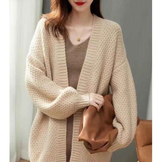French Retro Mid length Coat Loose Commute Style Women's Knitted Cardigan Beige - Shop at LoveMi