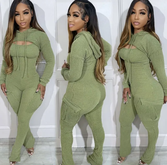 Long sleeved Hooded Sling Slim Fit Bodysuit Two piece Set Green - Shop at LoveMi
