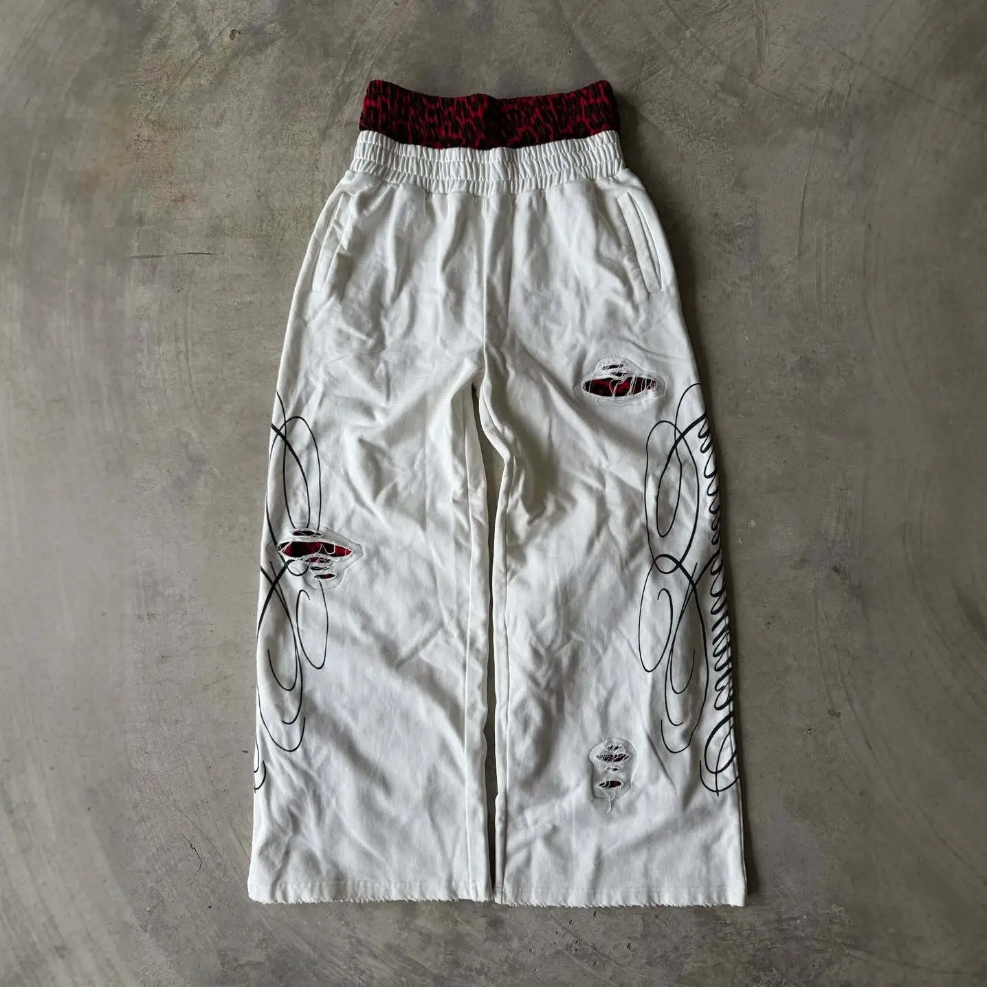 Double-waistband Letter-printed Distressed Casual Sport Sweatpants