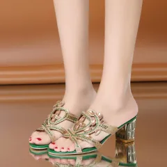 Rhinestone Chunky Heel Hollow Out Ladies' Sandals - Green - View 1