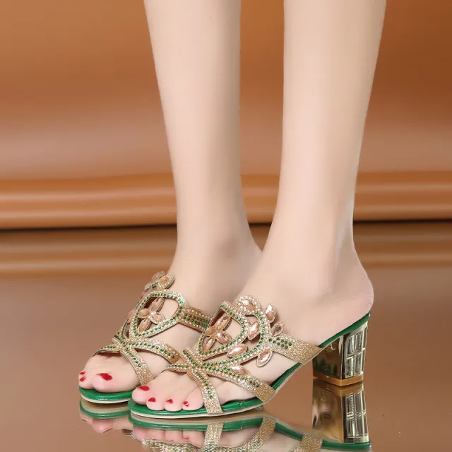 Rhinestone Chunky Heel Hollow Out Ladies' Sandals Green - Shop at LoveMi