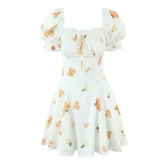 Printed Puff Sleeve Lace Stitching A- Line Dress - View 1