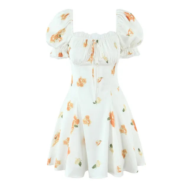 Printed Puff Sleeve Lace Stitching A Line Dress - Shop at LoveMi