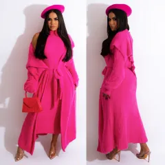 Autumn And Winter Elegant Dress Long Cardigan Velvet Two-piece Suit - Rose - View 1