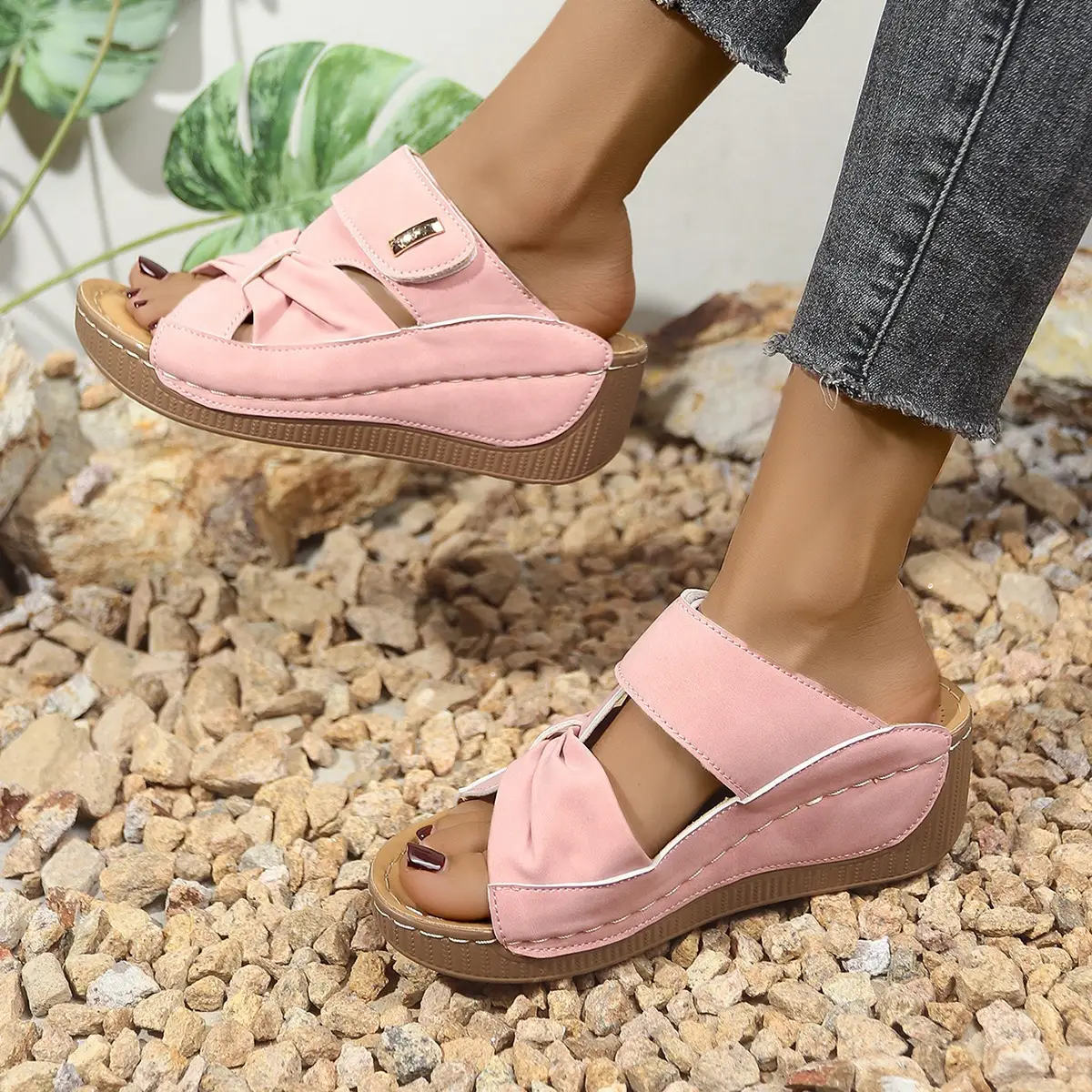 Womens Bow-knot Slip-on Wedge Sandals With A Hollowed-out Design