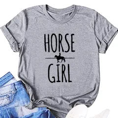 Horse Girl Letter Short Sleeve Women's T-shirt - Light Grey - View 1