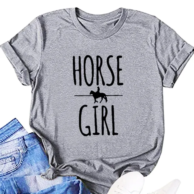 Horse Girl Letter Short Sleeve Women's T shirt Light Gray - Shop at LoveMi