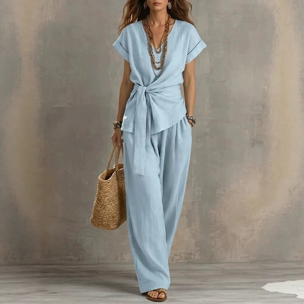 Waist-cinched V-neck Top And Solid-color Casual Pants Set