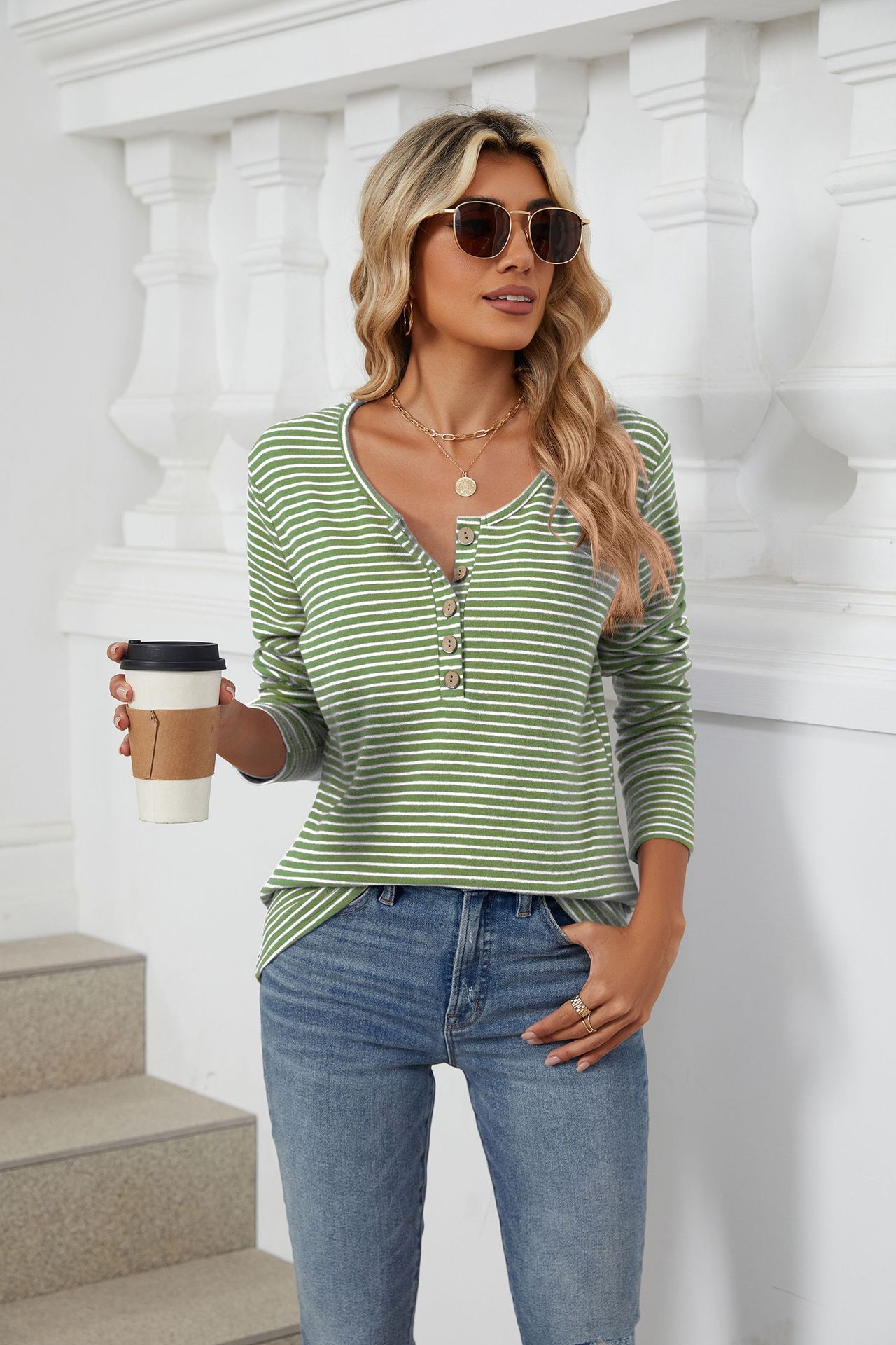 Title 8, Round Neck Button Solid Color Striped Casual T-...