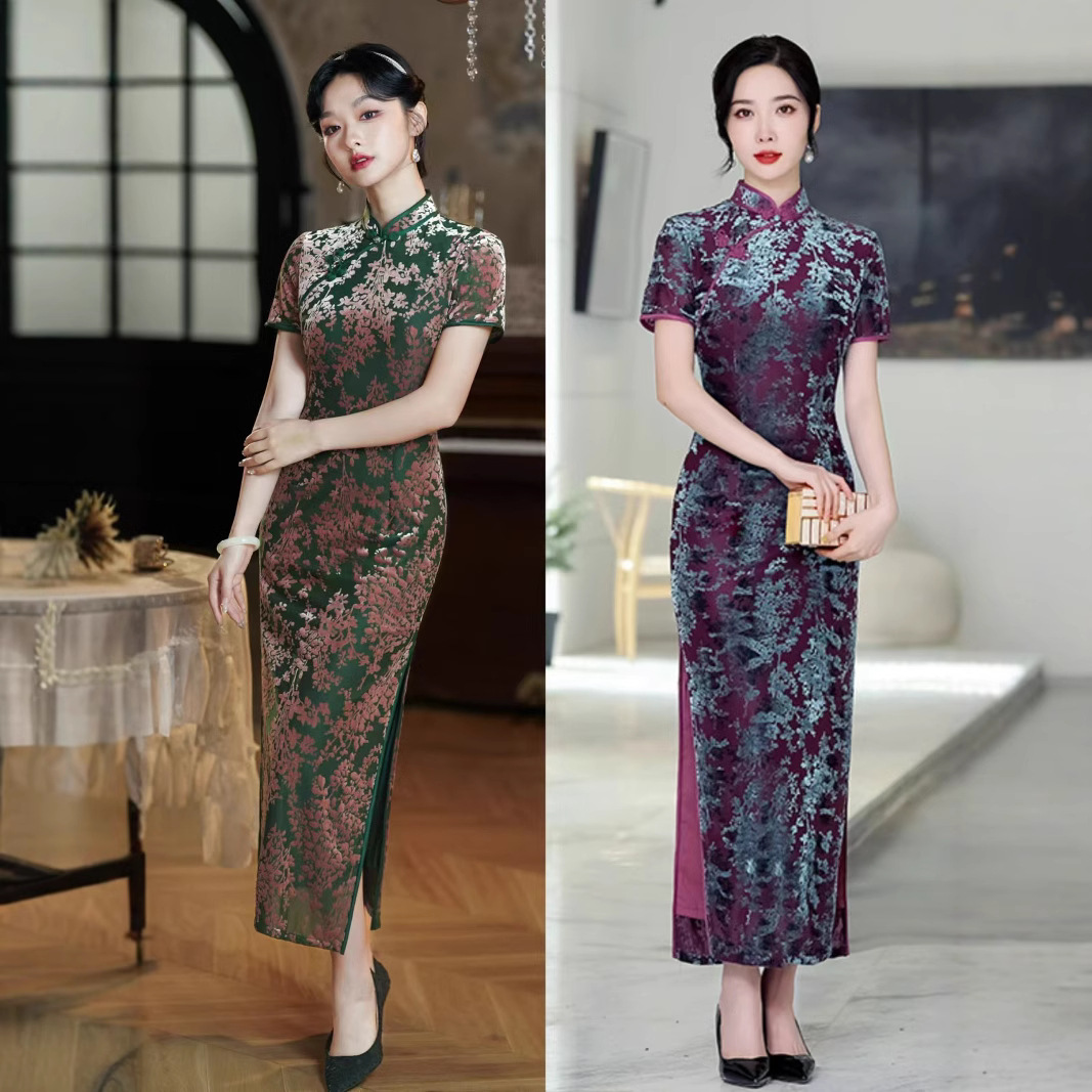 Long Etched-out Velvet Chinese Vintage Cheongsam Dress