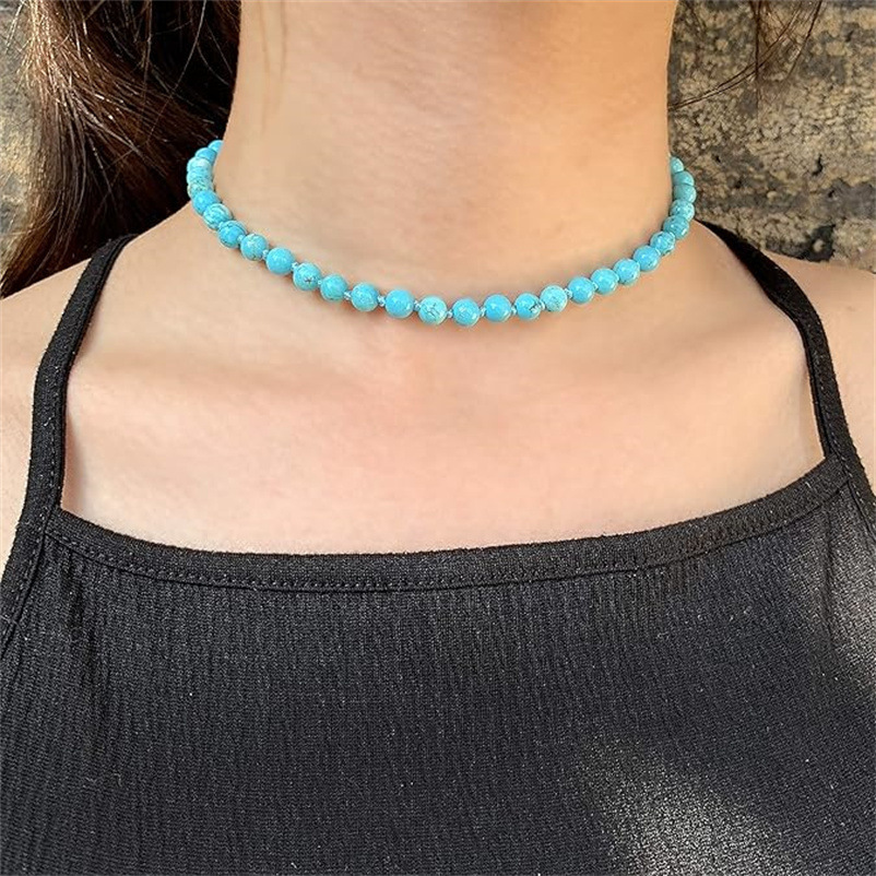 European And American 6mm Natural Stone Handmade Beaded Ball Bead Chain Turquoise Multicolor Necklace