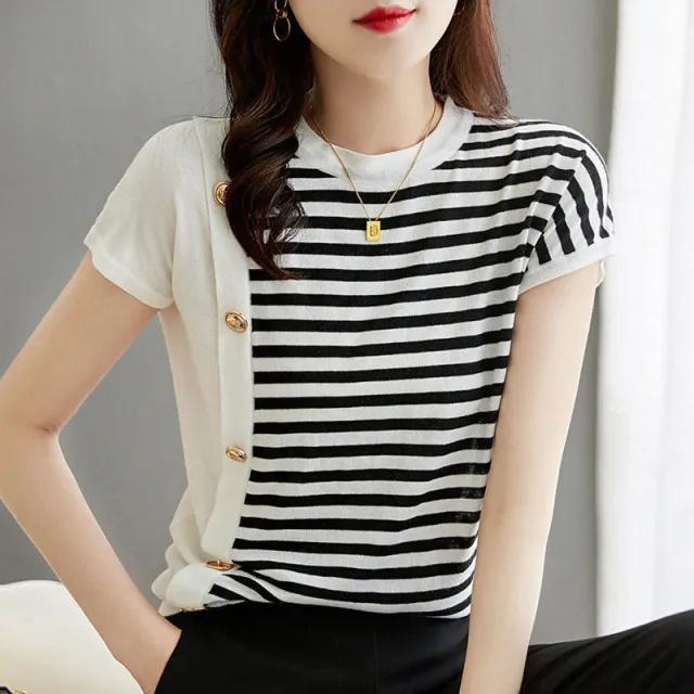 Round Neck Black And White Striped T shirt For Women White - Shop at LoveMi