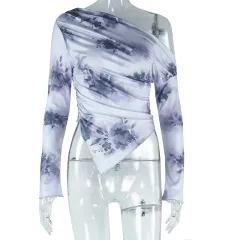 Tie-dye Irregular Pattern Print Off-shoulder Long Sleeve Diagonal Collar Women's Clothing - Gray - View 1