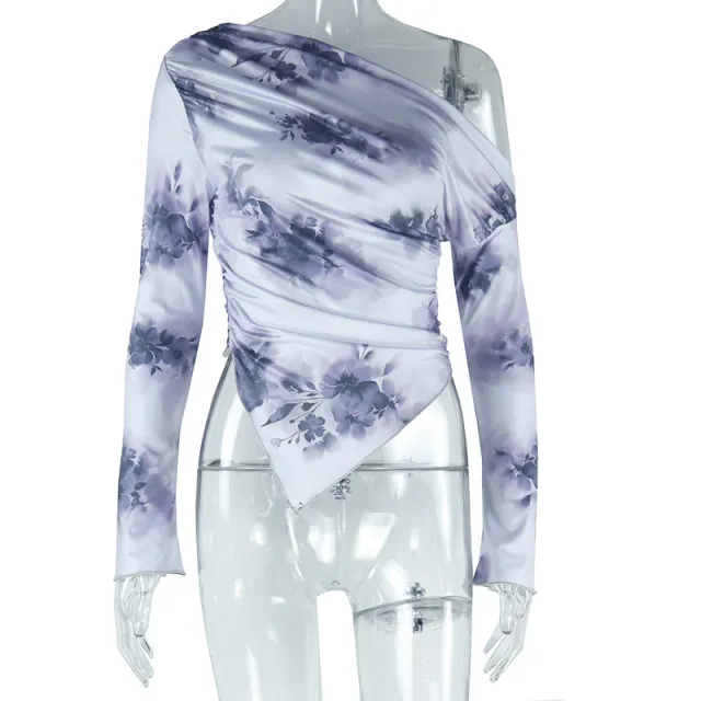 Tie dye Irregular Pattern Print Off shoulder Long Sleeve Diagonal Collar Women's Clothing Gray - Shop at LoveMi