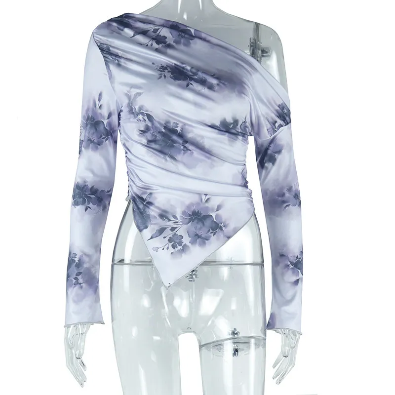 Tie-dye Irregular Pattern Print Off-shoulder Long Sleeve Diagonal Collar Women's Clothing - Gray