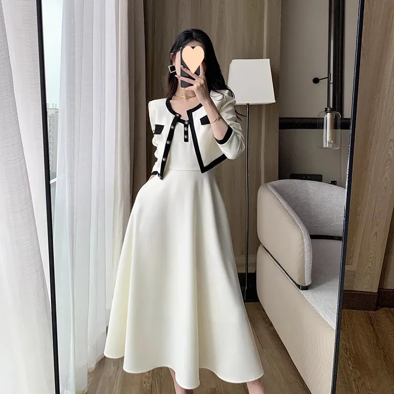 Sling Dress Women's Waist Draping Effect Long Sleeve Short Coat Socialite Suit