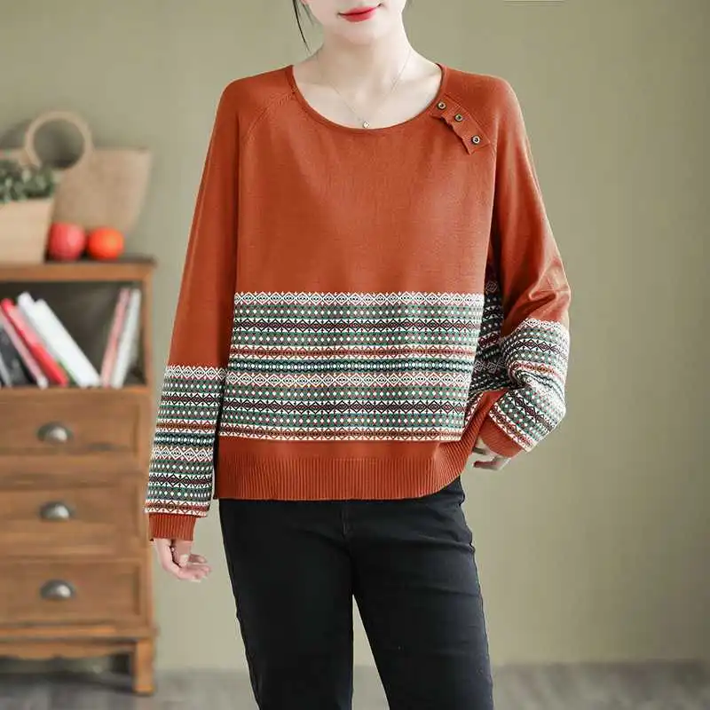 Striped Jacquard Cotton Knitted Sweater For Women - Blue