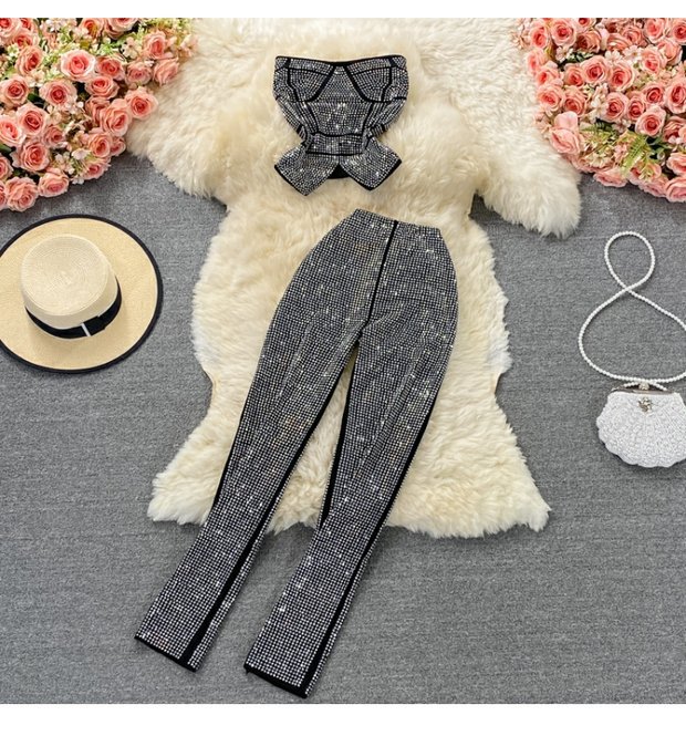 Waist Trimming Ruffles Hot Girl Sexy Short Rhinestone Tube Top Two-piece Suit