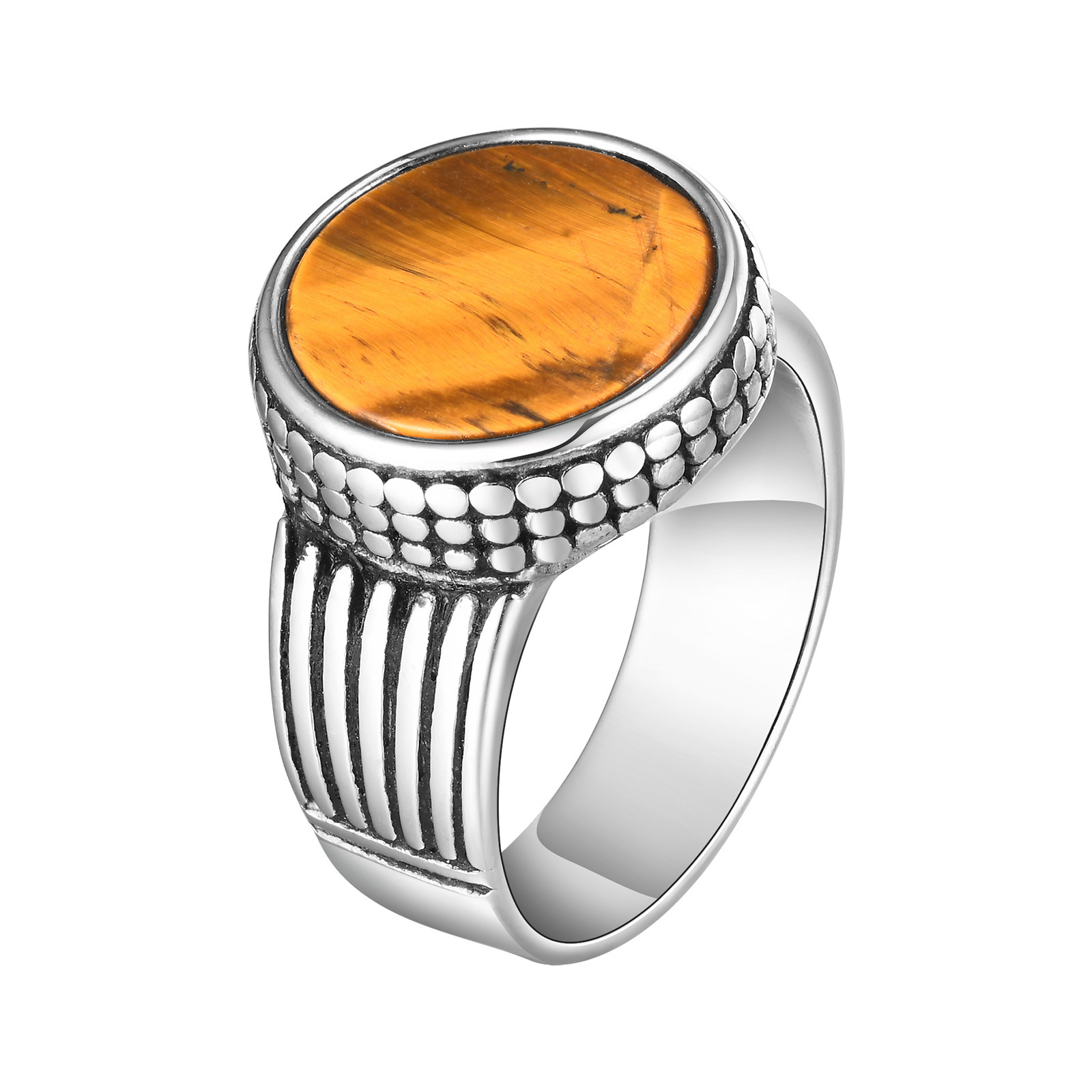 Stainless Steel Mens Tiger Eye Stone Cast Ring Vintage Style
