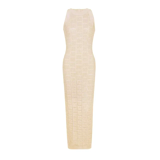 Long Sleeve Short Round Neck Hollow Out Knitwear Dress Vest Shorts Khaki Dress - Shop at LoveMi