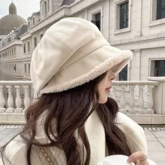Beret Women's Autumn And Winter Big Head Circumference Fleece-lined Warm Pile Heap Cap Bucket Hat - Creamy White - View 1