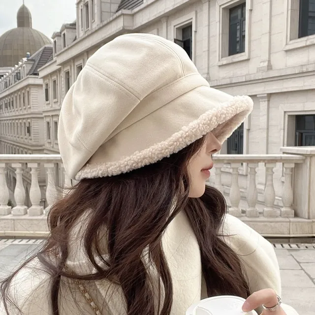 Beret Women's Autumn And Winter Big Head Circumference Fleece lined Warm Pile Heap Cap Bucket Hat Creamy White - Shop at LoveMi