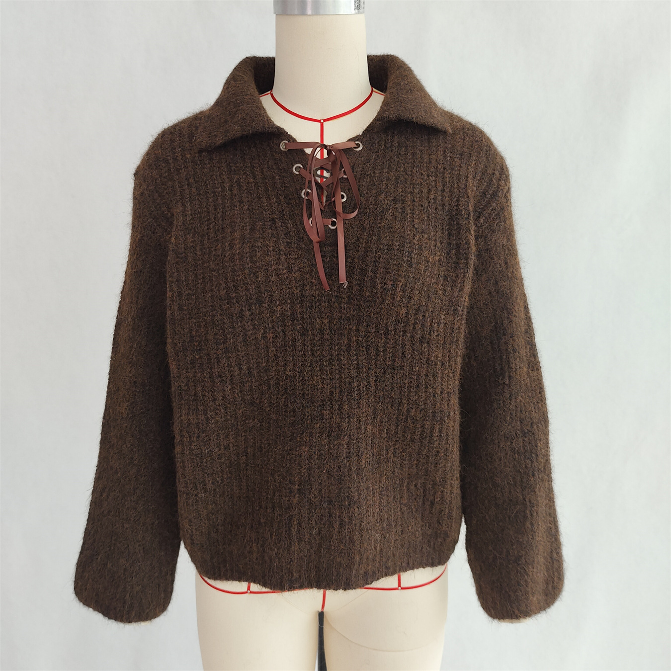 Simple Commute Lapel Tied Knitted Pullover Solid Color Loose Sweater