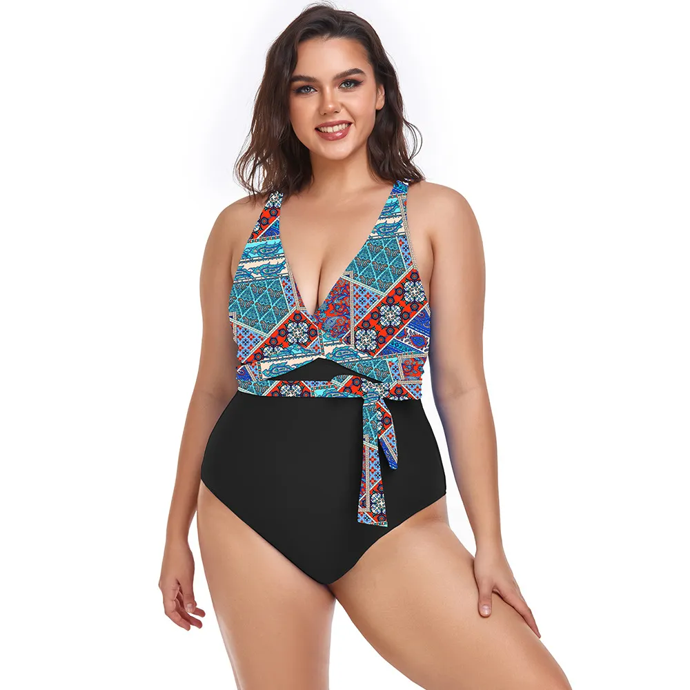Women's Simple Casual Printed Sports One-piece Swimsuit - Retro Geometric Pattern-L