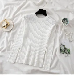 New Round Neck Sunken Stripe Knitwear For Women - White - View 1