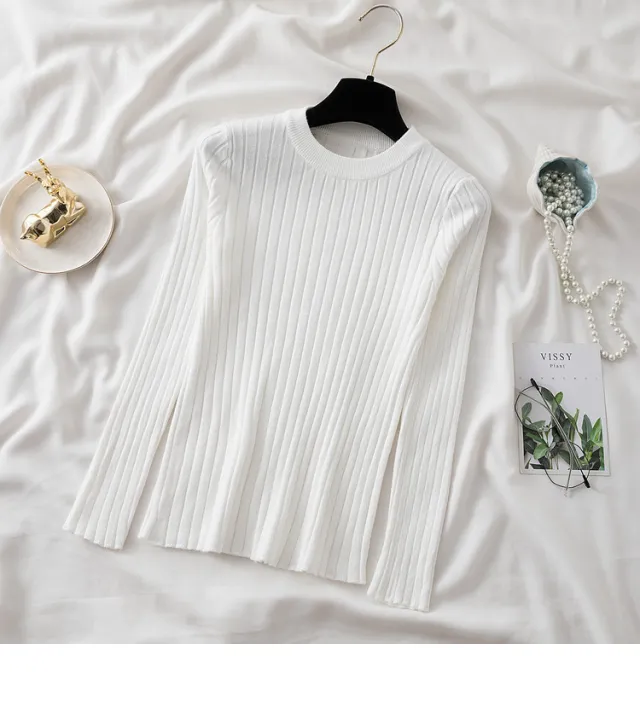 New Round Neck Sunken Stripe Knitwear For Women White - Shop at LoveMi