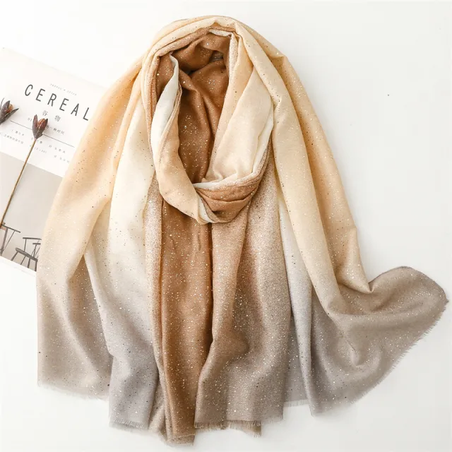 Cotton And Linen Hand Scarf Gilding Back shaped Mud Point Gradient Scarf Khaki - Shop at LoveMi