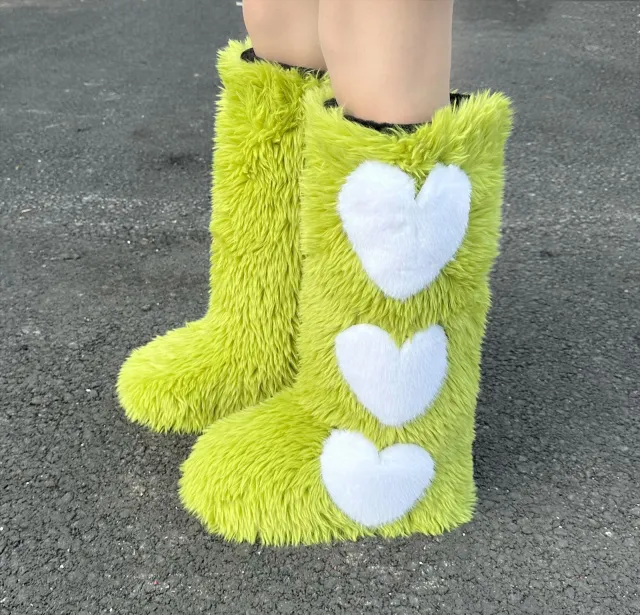 Flat Long Fur Boots Women's Fleece lined Thick Waterproof Warm Love Snow Boots Green - Shop at LoveMi